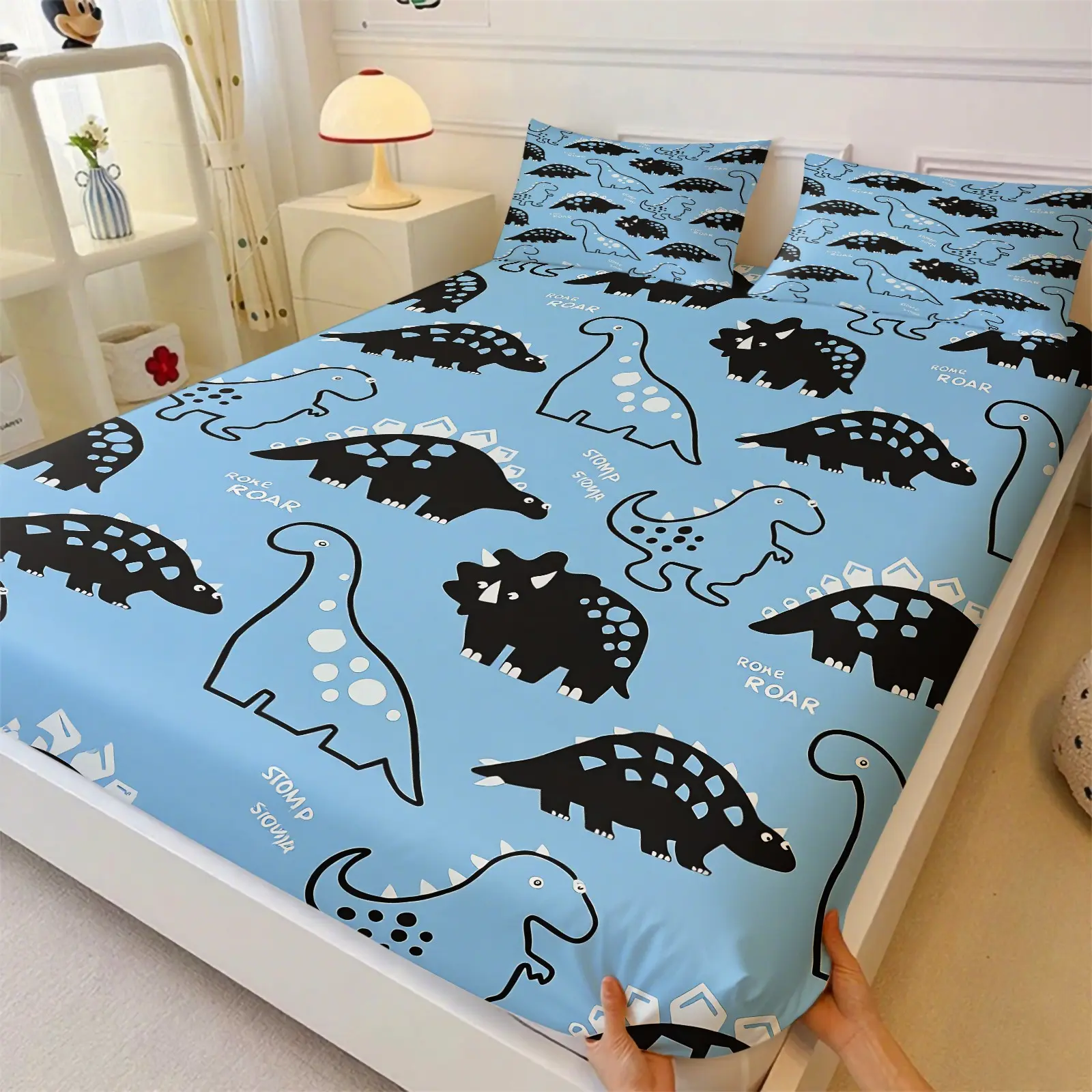 Light Blue Cartoon Dinosaur Print Fitted Sheet Set, Includes 2 Pillowcases, Durable Non-Slip Mattress Protector, Suitable for All Seasons, Fresh Kids Bedroom Decor
