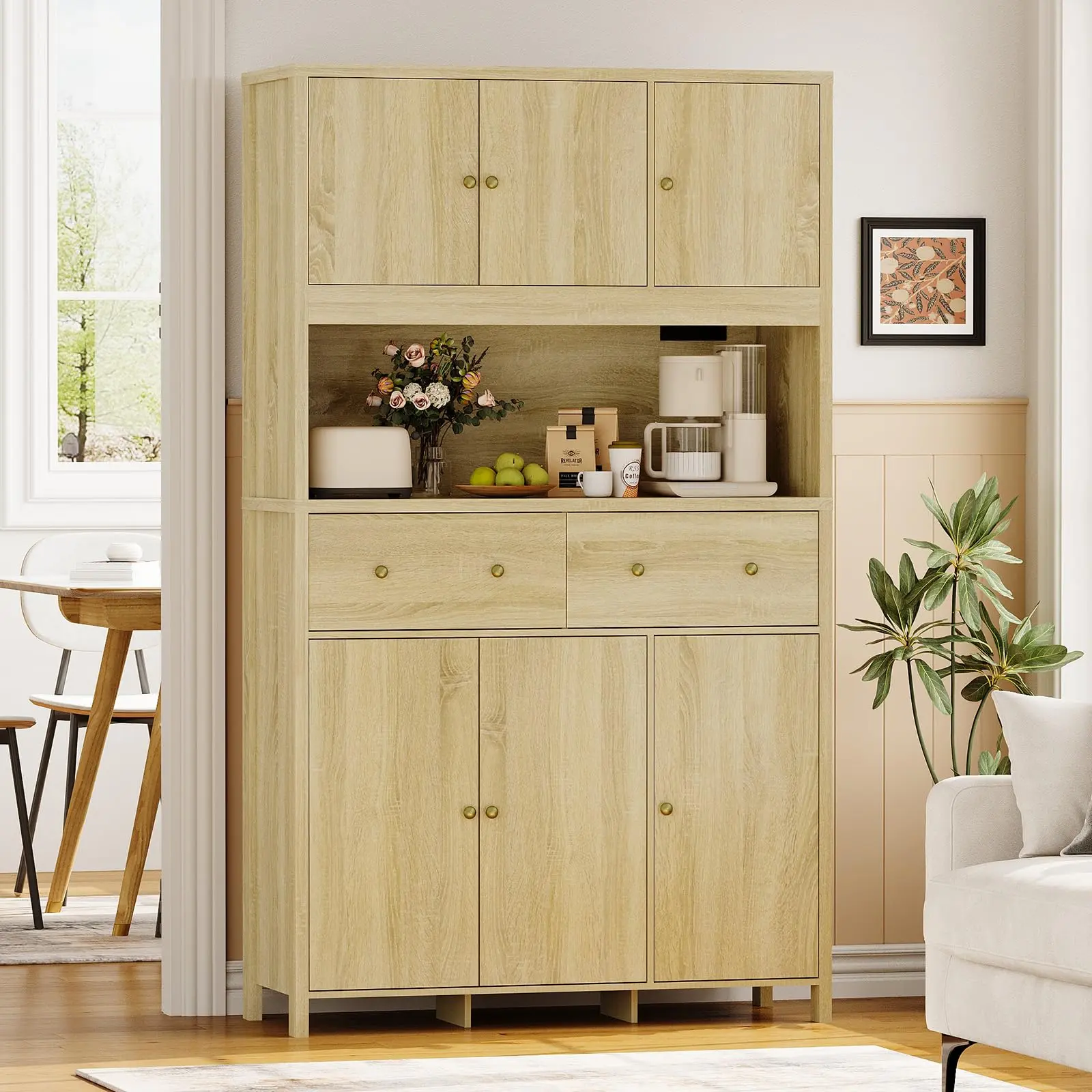 Modern Tall Pantry Cabinet with Built-in Charging Station – Kitchen Storage Hutch with Countertop and Drawers – Versatile Dining Room or Living Room Furniture – Natural Log Color
