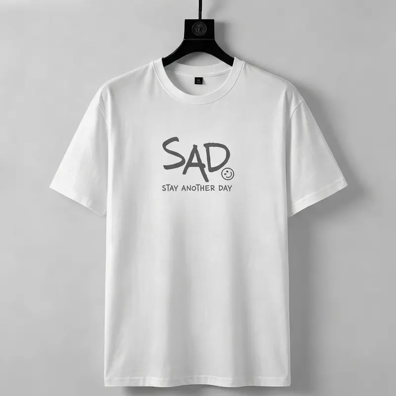 Men’s "Stay Another Day" Slogan Graphic Crewneck Tee, Minimalist Streetwear Short Sleeve Top For Mental Health Awareness Casual Outfits
