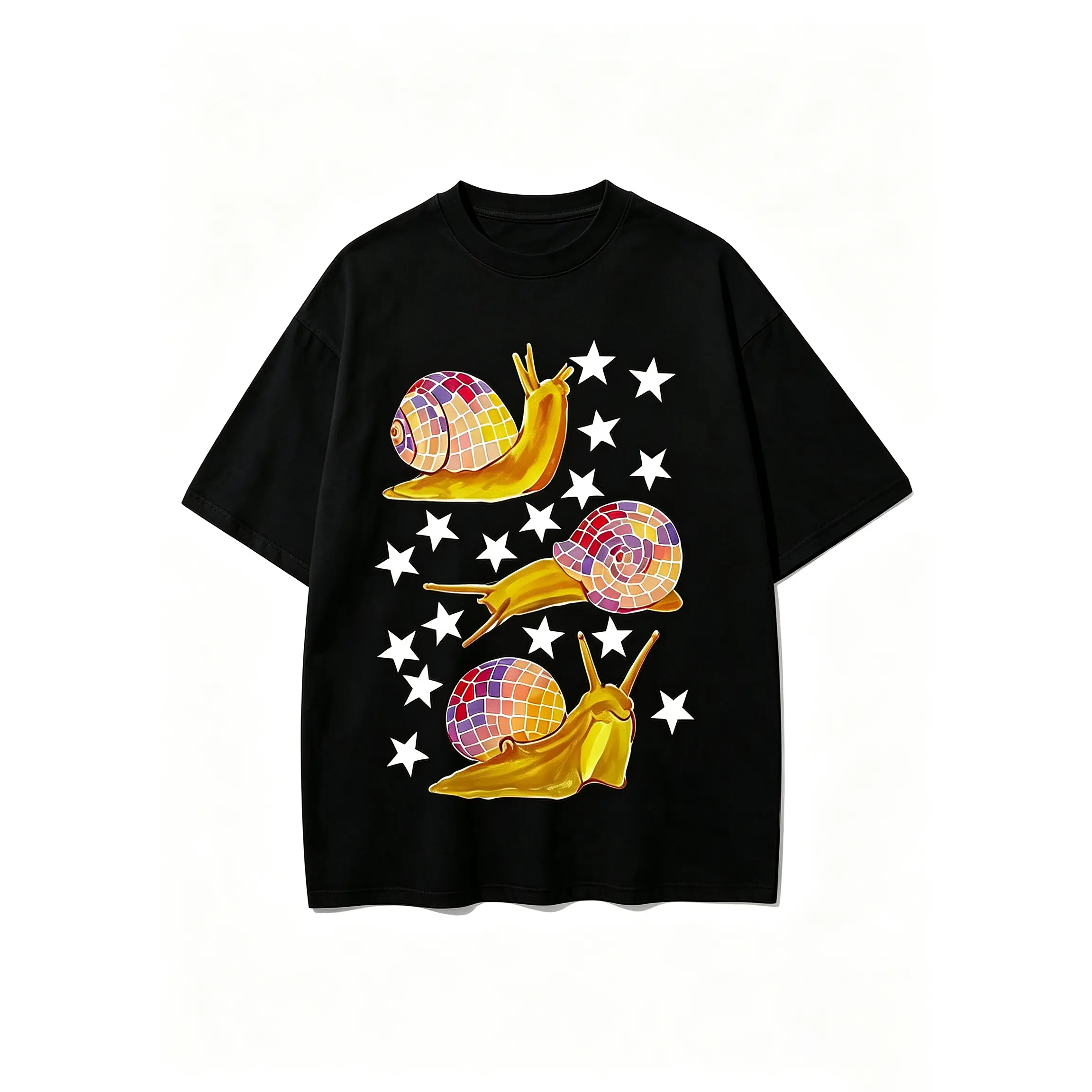 Unisex Cotton Oversized Sports Tee - Short-Sleeve Round Neck Casual Top with Disco Snail Golden Star Mosaic Shell Graphic, Relaxed Fit, Fade-Free Print, Menswear, Shortsleeve, Tshirt, Snail Graphics