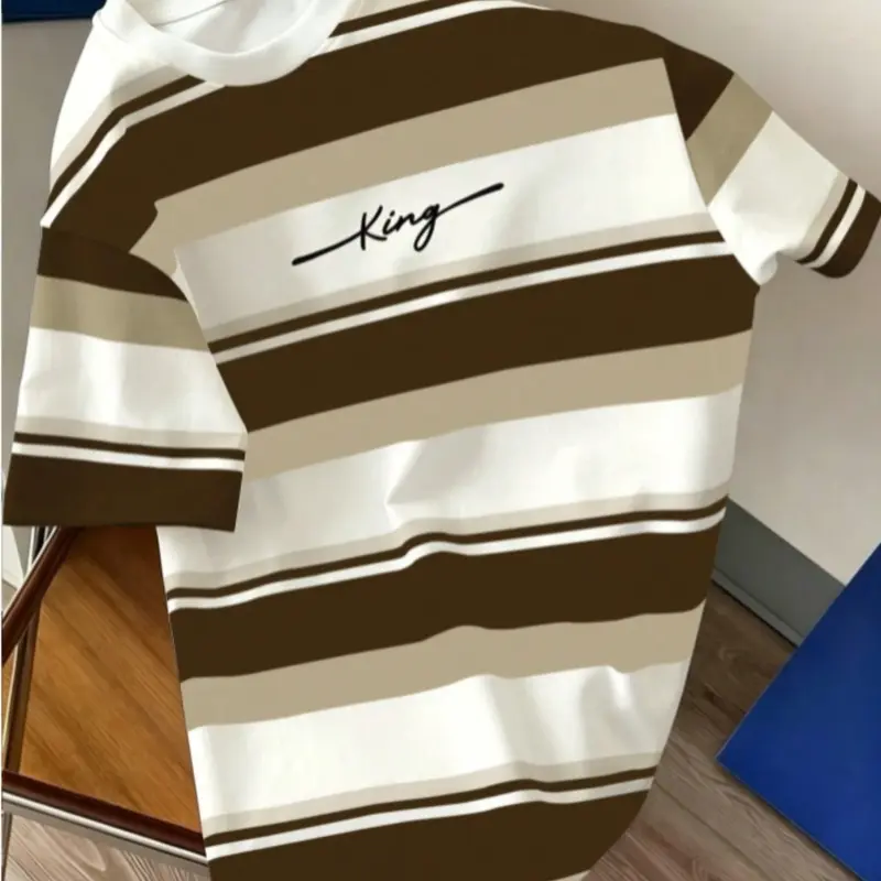 Men's Casual Fashion Clothing Streetwear Colorblock Striped Print Short Sleeve T-Shirt, Summer Style, Fitted Long Tee, All Seasons, Unlined, No Ca Prop