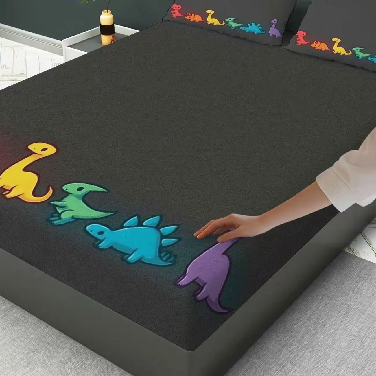 3-Piece Dinosaur Rainbow Bed Sheet Set, Fun Theme, Soft and Breathable, Ideal for Bedroom, Dorm, Living Room, Office Decor