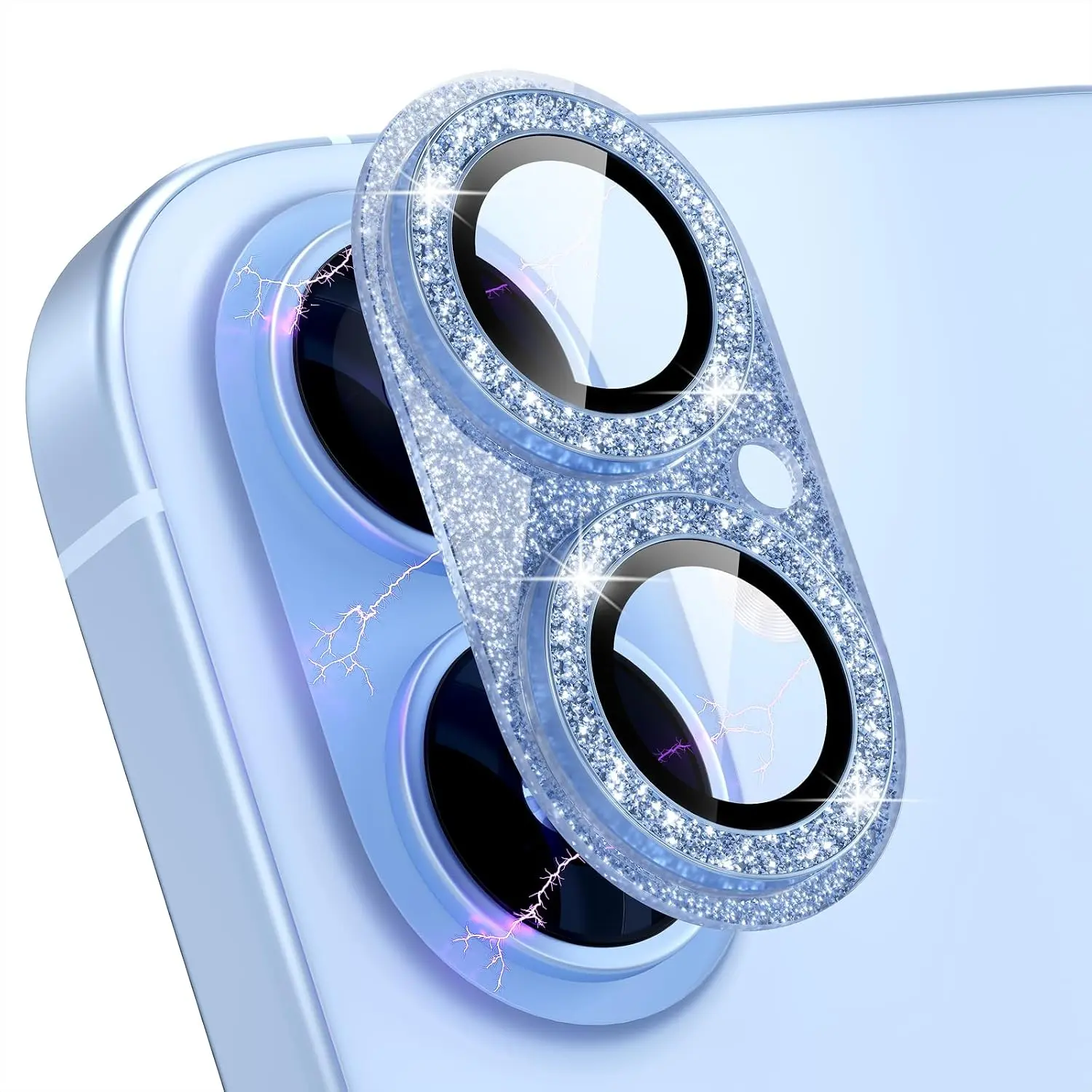 Compatible for  17 Camera Lens Protector, Bling Camera Cover with 9H Tempered Glass Lens Screen Protector Metal Ring Decoration Accessories (Glitter-Mist Blue)