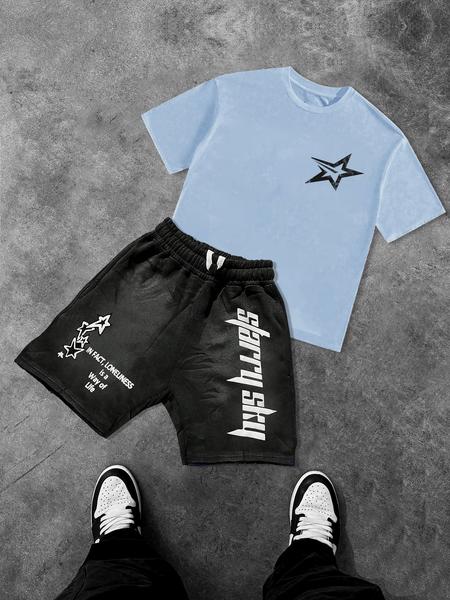 Two-Piece Set Men's Star Print Short Sleeve Tee & Drawstring Waist Shorts Set, Regular Fit Casual Round Neck T-shirt & Track Shorts, Men's Summer Clothes