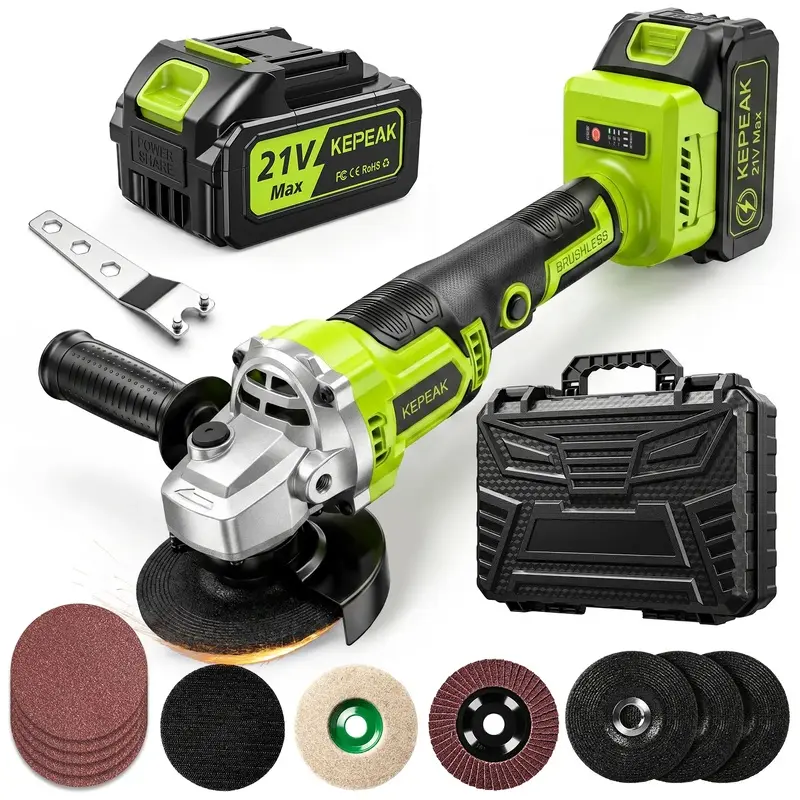 Brushless Cordless Angle Grinder Kit, 4.5-in Cutting, 10000RPM Metal Grinder with 3 Variable Speeds, 2-Position Handle, Battery Charger, Flap & Carving Wheels, Full Accessories for DIY Workshop Precision Cutting & Grinding
