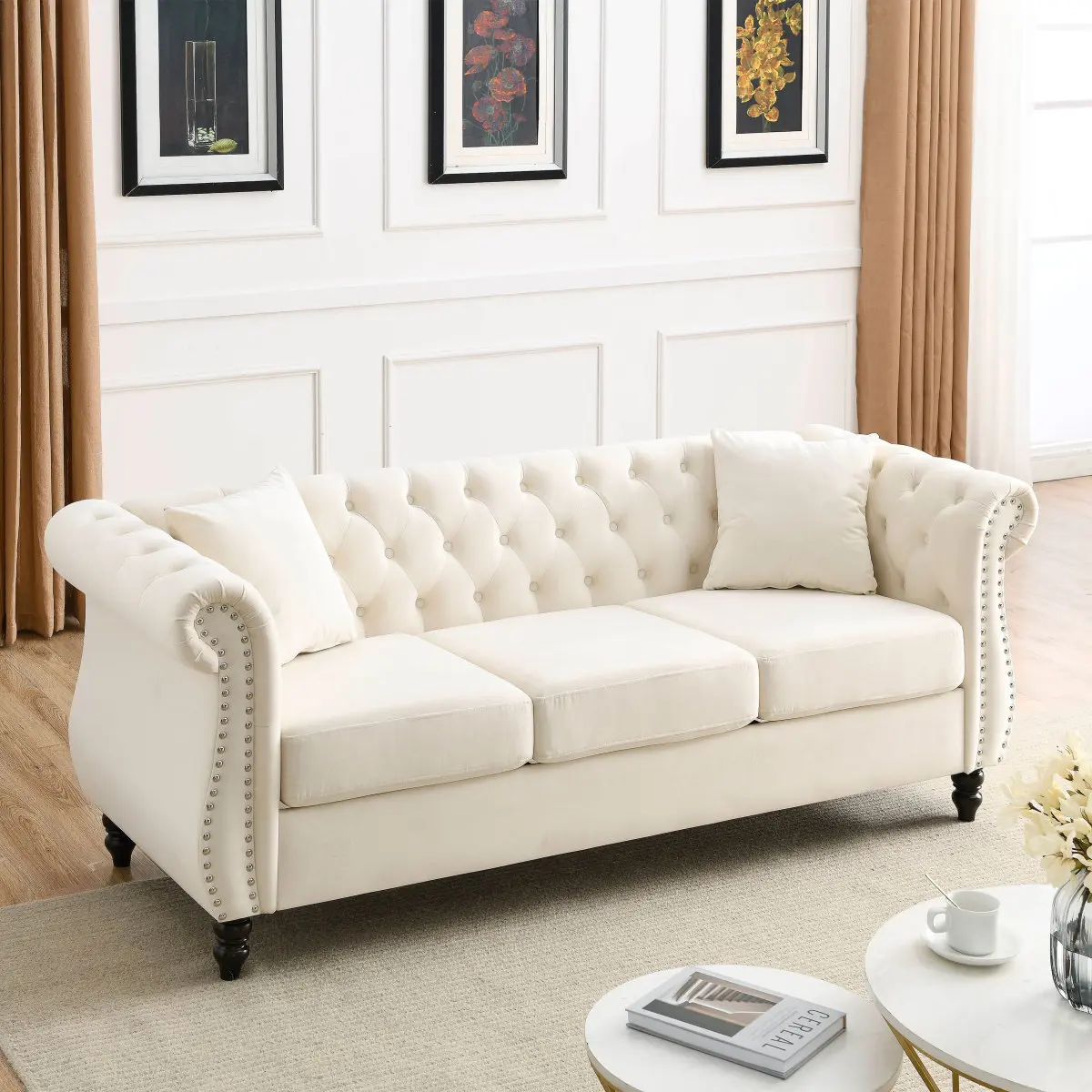 80" Chesterfield Sofa Beige Velvet for Living Room, 3 Seater Sofa Tufted Couch with Rolled Arms and Nailhead for Living Room, Bedroom, Office, Apartment, two pillowsW834S00008    RR