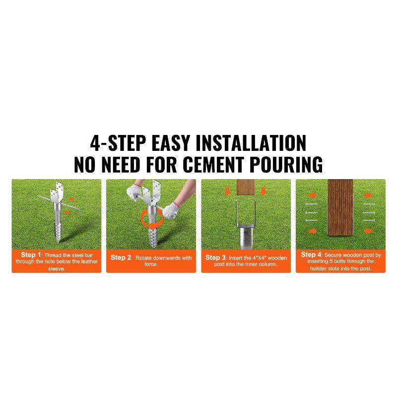 VEVOR No Dig Ground Anchor, 4 Pack 3.94x 2.76x 27.56 in DIY Screw in Post Stake, Includes 6 Lag Bolts a Rebar, U-Shape Heavy Duty Steel Post Holder, Great for Mailbox Posts and Fence Posts