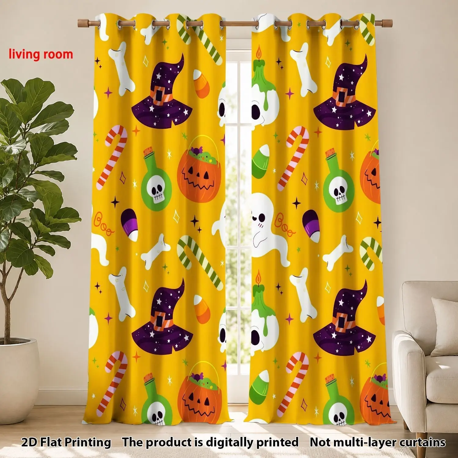 Halloween-Themed Printed Curtains, Bright Base Witch Hat Pumpkin Ghost Bottle Candy Bone Design, Polyester Blockout Drapes