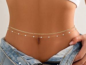 Sanfenly Gold Belly Chains Waist Chains for Women of adult Waterproof Stainless Steel Pearl Beaded Seashell Starfish Body Chain Belly Necklace Bracelet Stomach Jewelry Chain 26"-43" beads
