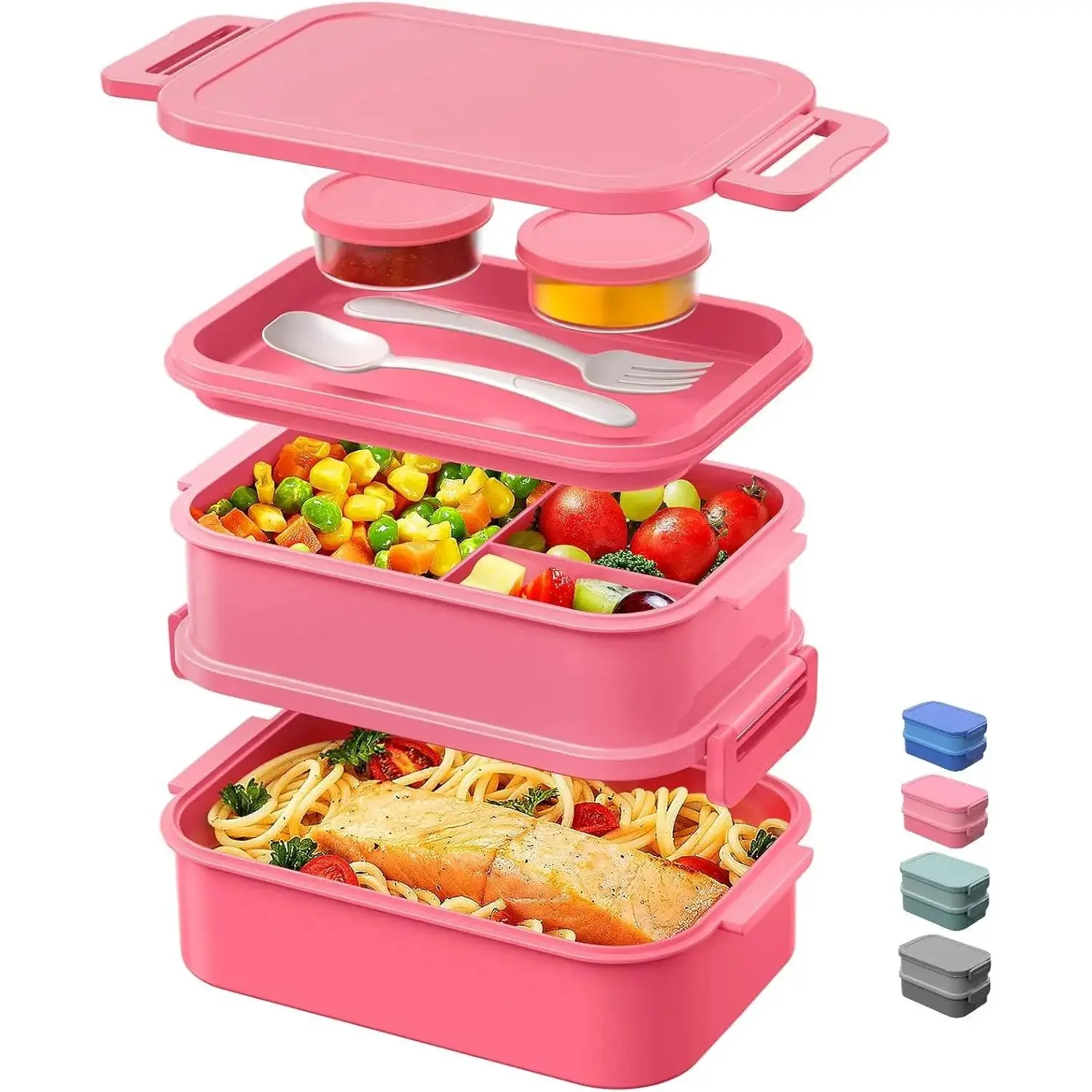 Adults Bento Box Lunch Box - Stackable All-in-One Leakproof Bento Lunch Box for Adults Women Girls 74 OZ Large Lunch Containers with Fork Spoon Sauce Boxes for Work School Dining Out, Pink-L