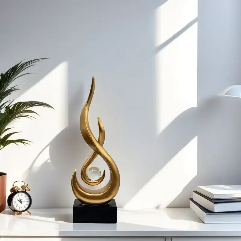 Abstract Flame Resin Sculpture with Crystal Ball, Modern Streamlined Desktop Decor, Living Room Office Entrance Statue