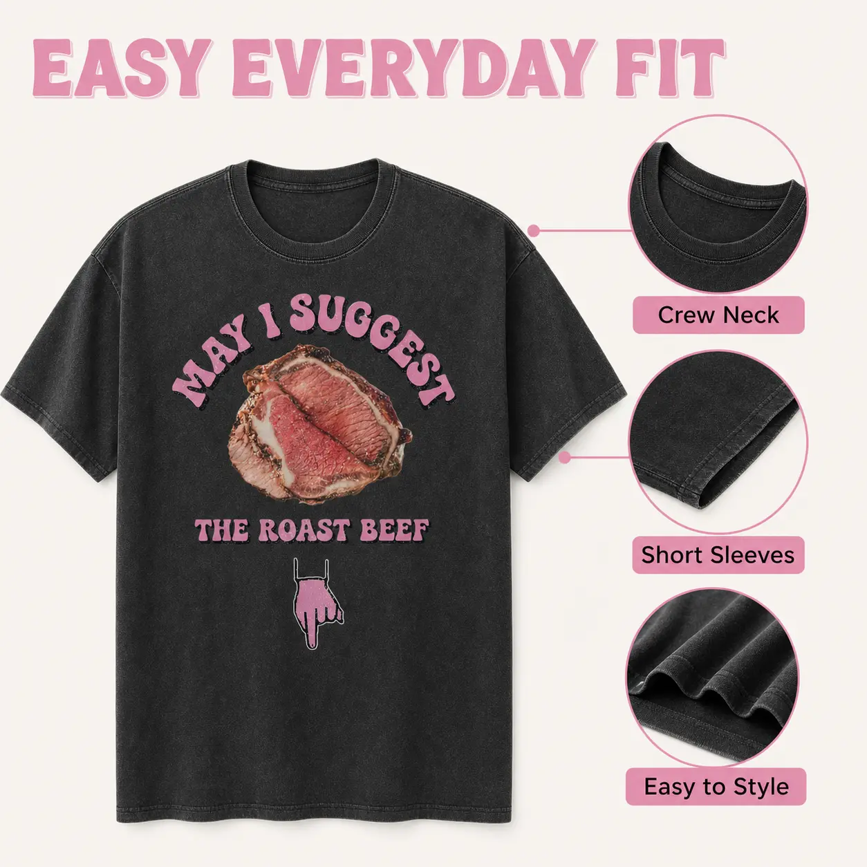 Unisex Round Neck Short-Sleeve Graphic T-Shirt - Viral Roast Beef Meme Design, Juicy Meat Photo, Pink Retro Lettering, Funny Food Humor, Casual Streetwear Tee Top for Men, Shortsleeve, Unisex Casual