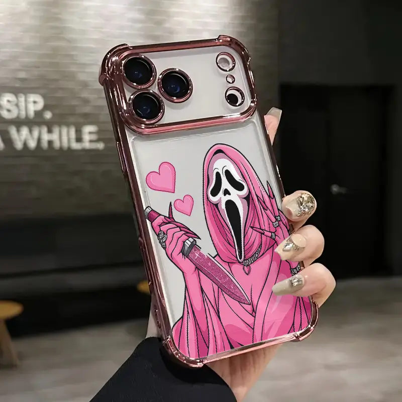 Cute Cool Pink Mask Heart Dagger Pattern Phone Case Luxury Acrylic Transparent Skin friendly protection anti slip shockproof wear resistant For iPhone 17 Air 16 Pro 15 14 Plus 13  Pro Max 12 11 Samsung Galaxy S26 S25 Ultra S24 S23 Plus Phone Case