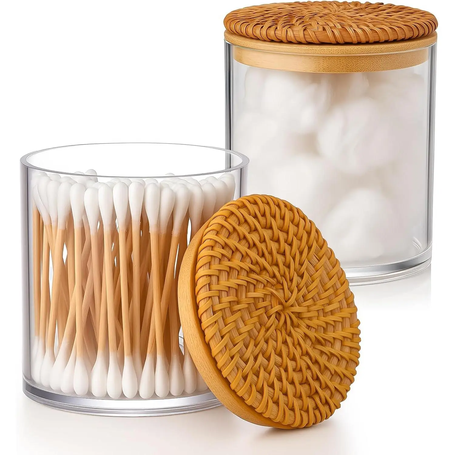 2 Pack Cotton Ball & Pad Holder with Rattan Lids, 10 oz Clear Plastic Apothecary Jars, Bathroom Vanity Canisters Storage Set for Dental Floss