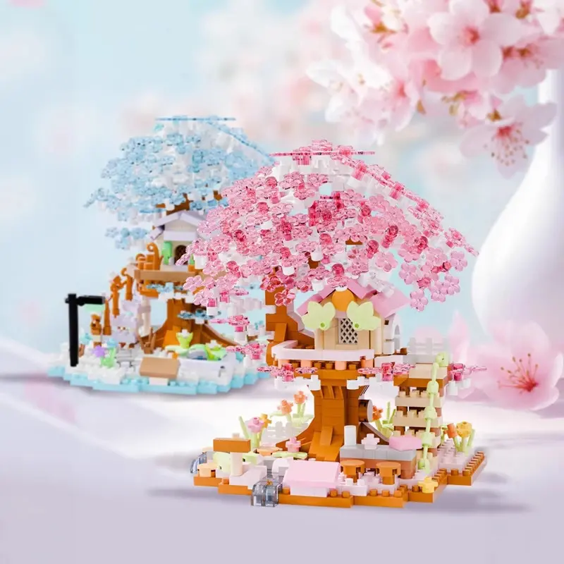 Unisex 4-Color Romantic Cherry Blossom Tree House Plastic Stacking Blocks Model Building Kits - Certified Safe Materials, Neutral Assembly Toy, Open-Ended Hands-On Learning, Creativity-Boosting, Valentine’s Day Interior Ornament Gift, Safety Certified