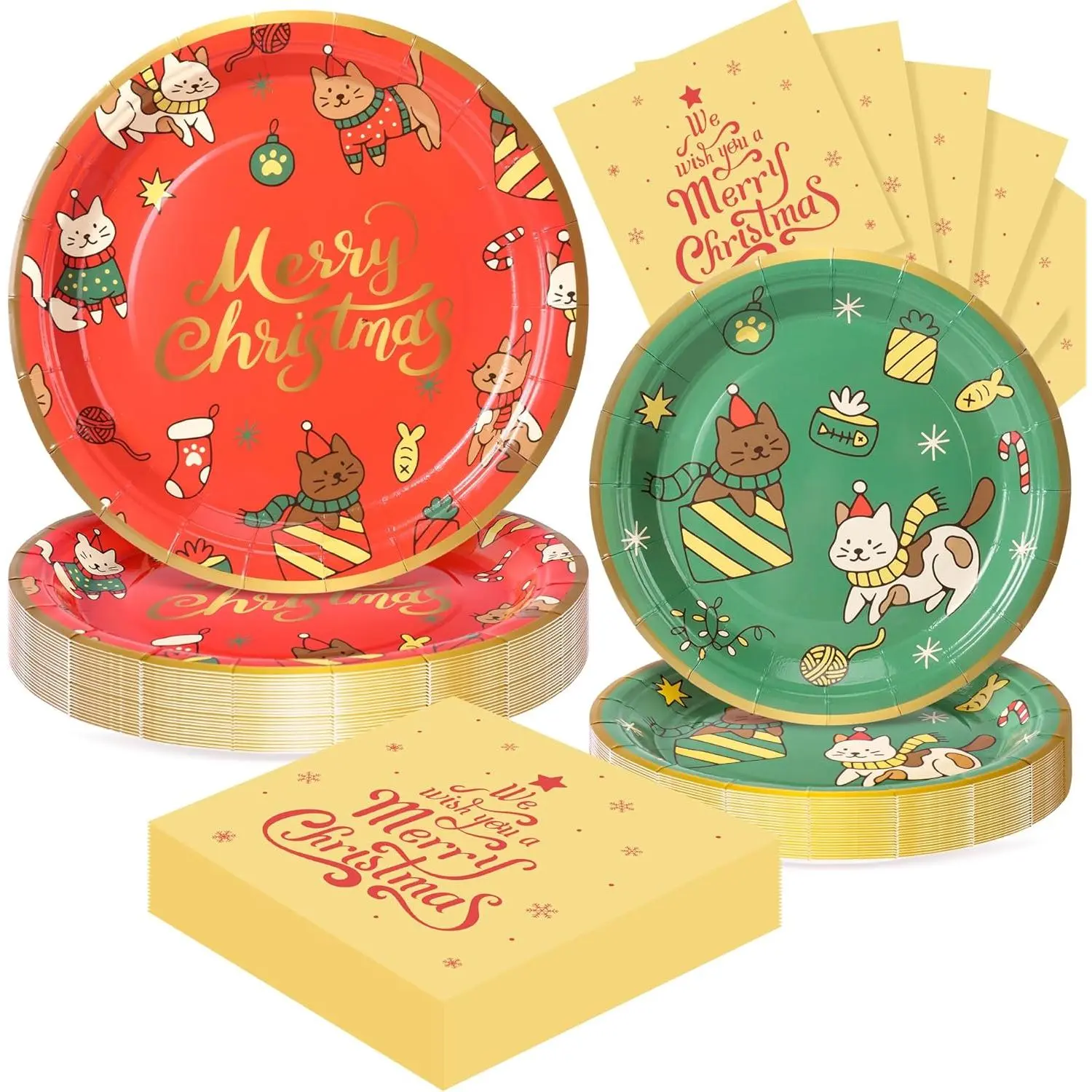 72 count Christmas Plates and Napkins for Party Decorations, Set of 24 Merry Christmas Disposable Tableware Supplies, Cats Themed Christma Paper Plates for Christmas in July Party
