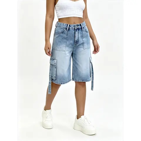 Women's Non-Stretch Loose-Fit Below-the-Knee Jean Shorts (Jorts for Women) - Washed Poly-Cotton Casual Cargo Pants Bottoms, Side Pockets, Button Closure, Machine Washable for Holiday Fashion Look