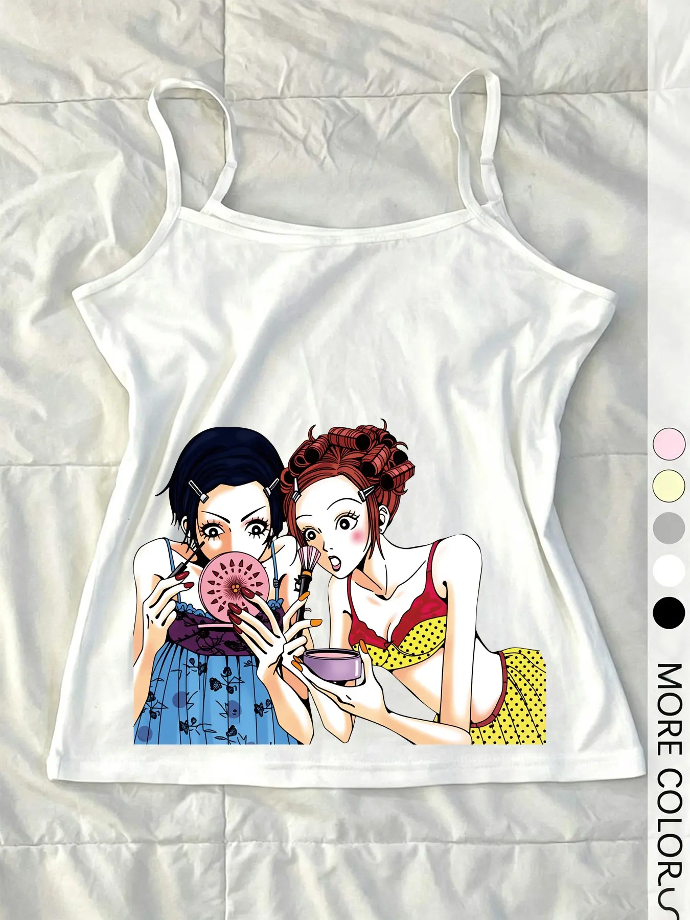 Women's White Sleeveless Fitted Tank Top with Cute Cartoon Girls Makeup Mirror Print, Y2K Graphic Casual Fashion Sleeveless Top for Daily Streetwear and Summer Outings, Crop Tank Tops