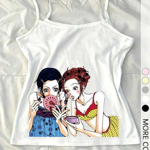 Women's White Sleeveless Fitted Tank Top with Cute Cartoon Girls Makeup Mirror Print, Y2K Graphic Casual Fashion Sleeveless Top for Daily Streetwear and Summer Outings, Crop Tank Tops