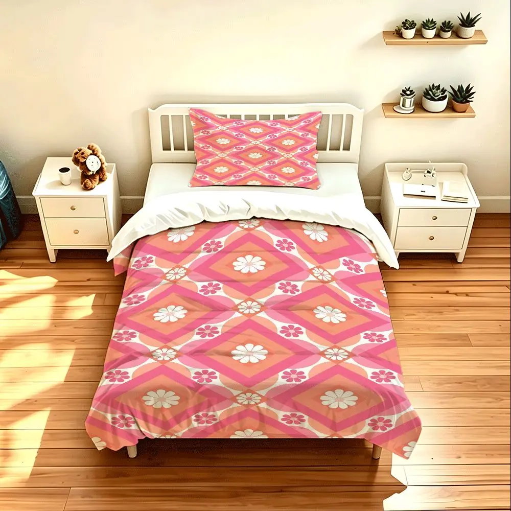 2/3pcs duvet cover set (1 duvet cover + 2 pillowcases) - Retro Pink Geometric Daisy Floral Bedding Set, HD Digital Printed, Fade-resistant, Soft & Cozy Polyester Fabric, Suitable for Dormitory, Bedroom and Hotel, All Season Use, Bedroom Decor Comfor