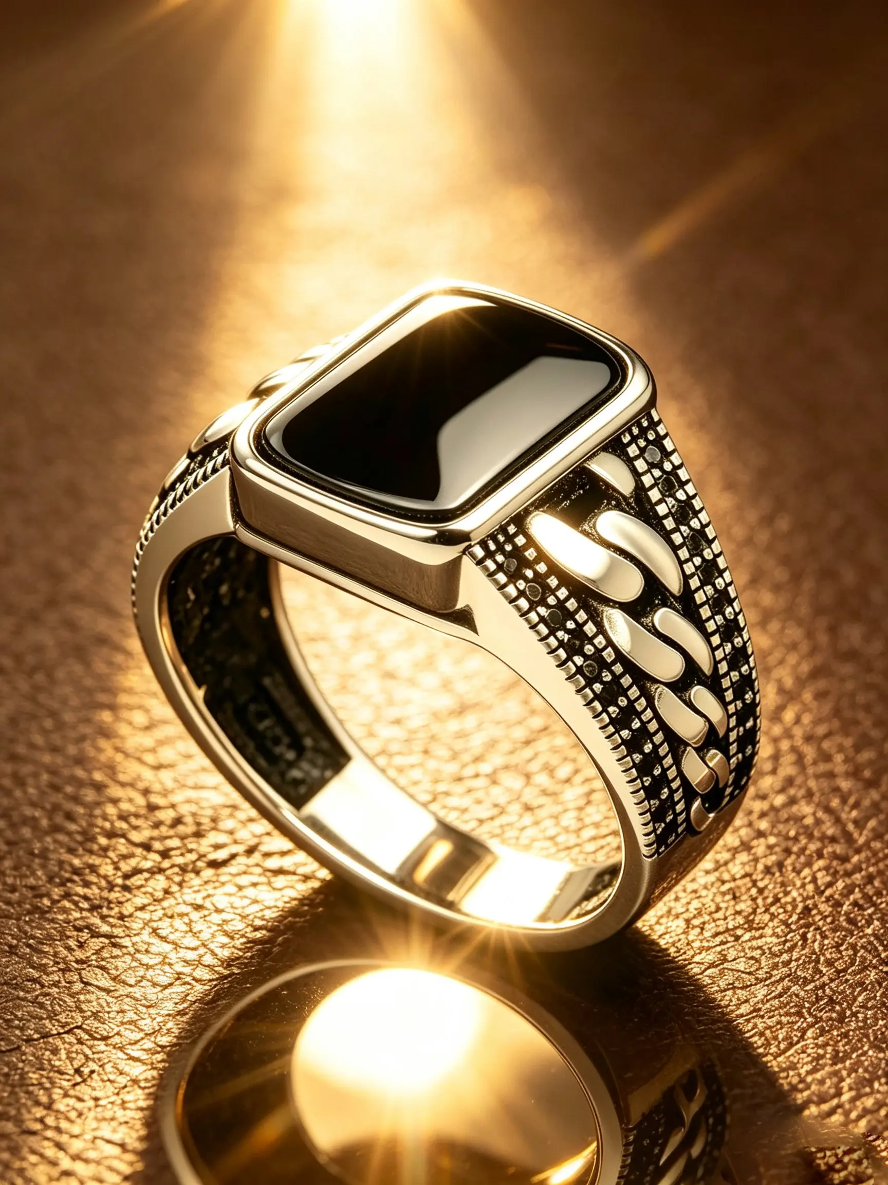 Vintage Oxidized Silver Stainless Steel Men Signet Ring, Rectangular Black Onyx Inlay, Embossed Cuban Chain & Black Zircon Wide Band, Hypoallergenic Tarnish Resistant Gothic Turkish Statement Jewelry Gift For Guys, Fashion Ring, Chunky Statement Rings