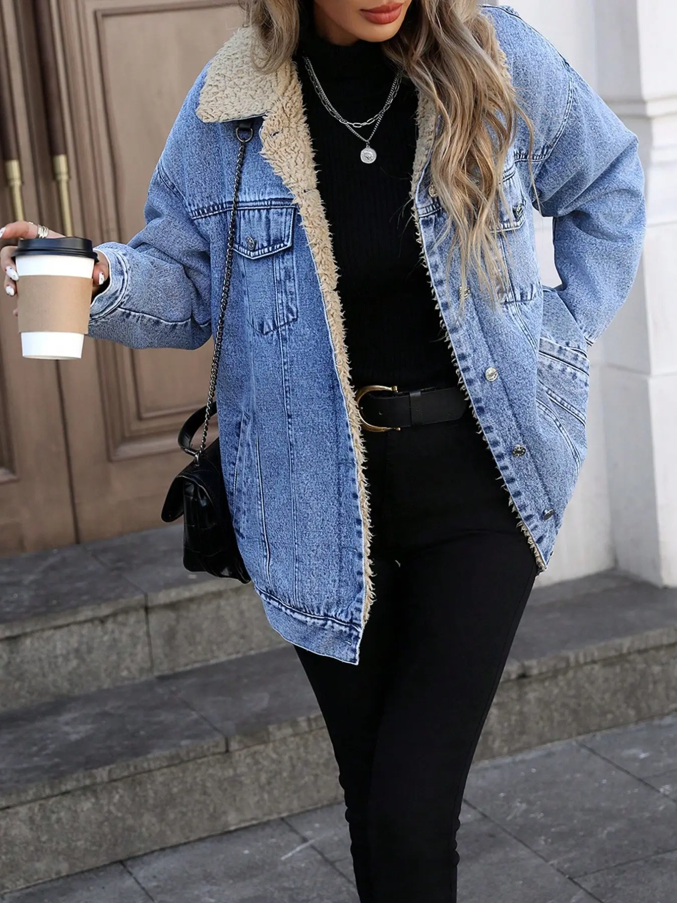 Vintage Denim Jacket for Women, Faux Fur Collar, Patchwork Design, Washed Out Look, Fall Winter Fashion Top, Casual Style