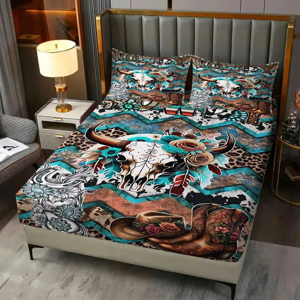 3Pcs Western Cow Skull Fitted Sheet Set (1 Fitted Sheet, 2 Pillowcases; No Pillow Core). Boho Floral Digital Print Bed Sheet Set, Deep Pocket, Soft, Non-Slip, Cowboy Bedding for Bedroom, Guest Room & Dorm, Twin/Full/Queen Size, Boho Sheets
