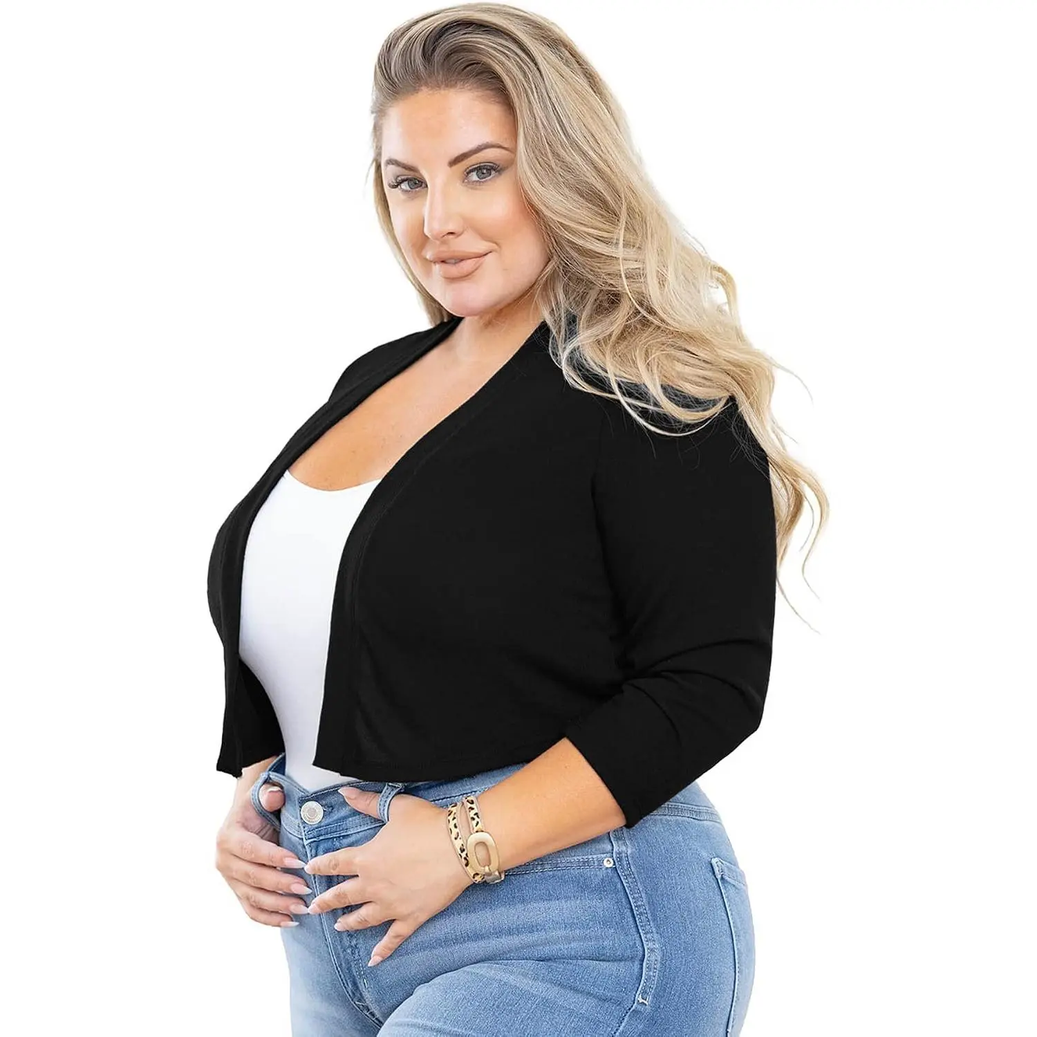 Women's Plus Size Shrug 3/4 Sleeve Lightweight Open Front Knit Cropped Bolero Cardigan Sweater 1X-5X