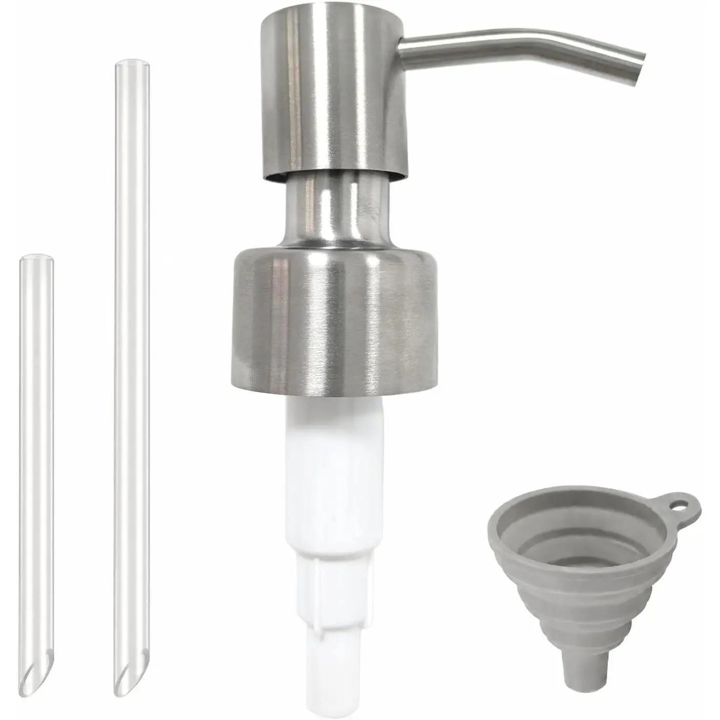 Soap Dispenser Pump Replacement 28/400, 1 Pack Silver 304 Stainless Steel Pump Head for Bathroom Soap & Lotion Bottles, Rust-Resistant with 2 Trim-to-Fit Tubes and Foldable Funnel