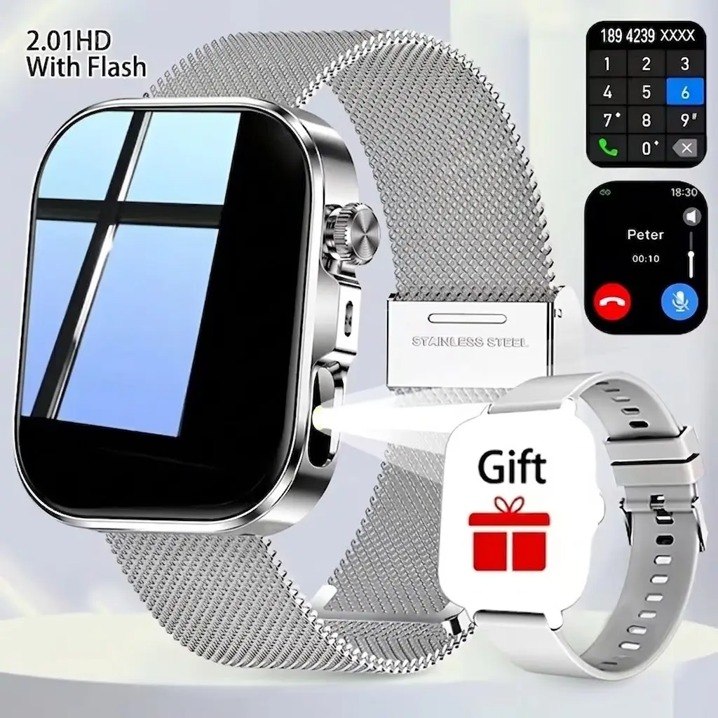 Latest Full Touch Screen Smartwatch, Calls & Texts, Magnetic Charging, 2.01 Inch HD Screen, LED Flashlight, Android & iPhone Compatible, Valentine's Gift