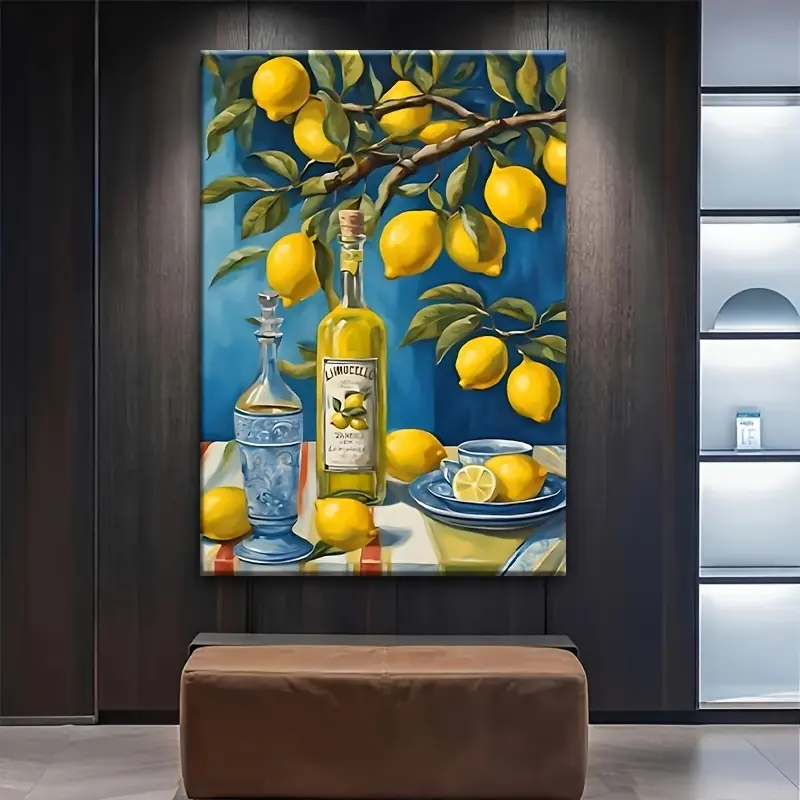 Italian Lemon Decorated Bottle Canvas Wall Art - Framed, Ready To Hang - For Kitchen - Perfect Gift For Housewarming Christmas New Year - Wall Decor, Home Decoration