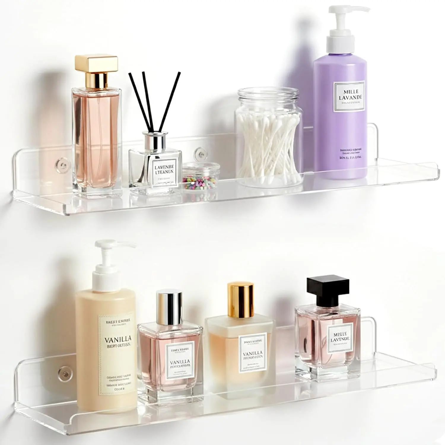 Floating Shelves for Bathroom,  Display Shelf Wall Mounted for Makeup, Skincare,  Polish, Book, 14" Perfume Organizer for Bedroom, Living Room, ,  Decor, Clear, 2 Pack