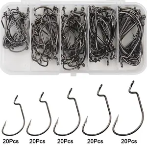 100Pcs EWG Offset Worm Hook Wide Gap Bait Jig Soft Plastic Bass Fishing Hooks For Texas Rig Bass Trout Saltwater Freshwater