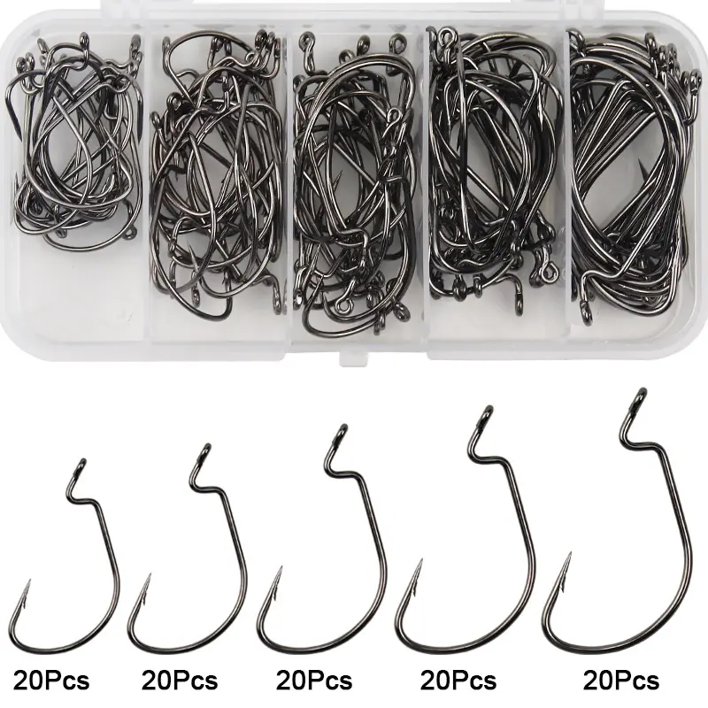100Pcs EWG Offset Worm Hooks - Wide Gap, Bait Jig Compatible, Artificial Fishing Lure Terminal Tackle for Texas Rig, Soft Plastic Fit, Bass & Trout Use, Saltwater & Freshwater Fishing