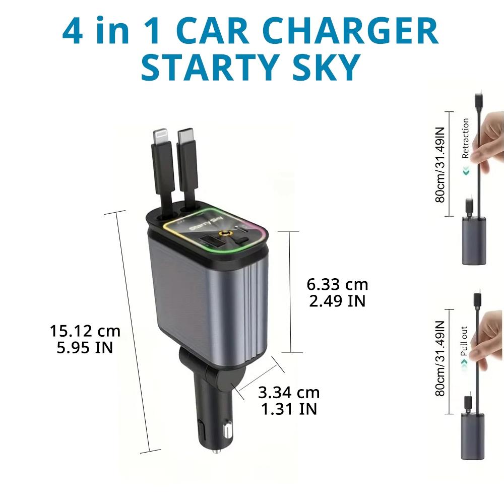 4 in 1 Car Charger, Retractable Car Charger, Dual Type C & Lightning Cable Car Charger, Universal Car Charger for iPhone 15/14/13 Pro Max & Samsung Galaxy S23