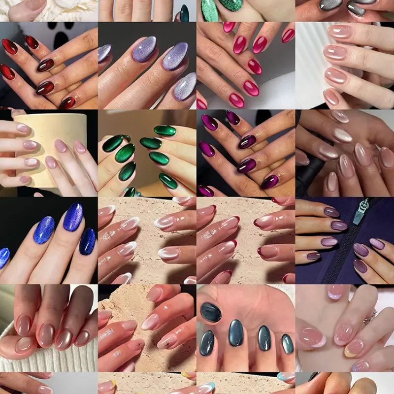 576pcs Multicolor Cat Eye Nails, Short Oval Press-On Tips, Medium Size, Acrylic Material, Summer Manicure Essentials, for Women and Girls