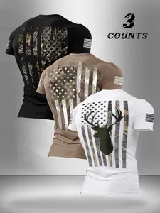 Men's Summer Casual Camouflage Deer Flag T-Shirt 3-Pack, Loose-Fit Round Neck, Soft and Versatile, Ideal for Outdoor Activities