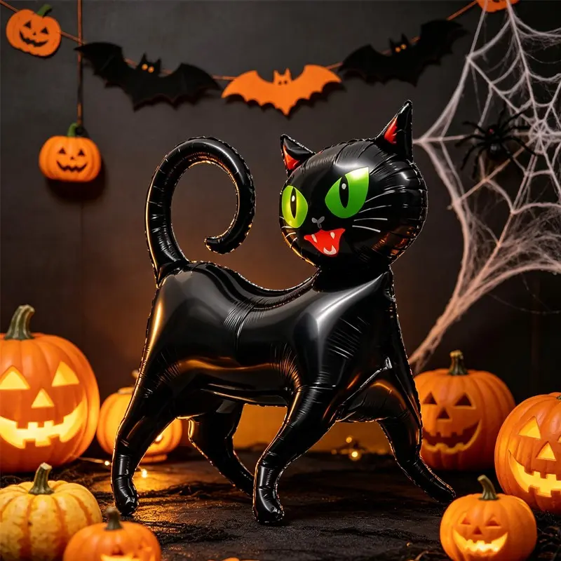3D Standing Cat Foil Balloon, Eyes Horror Cat Polyester Film Balloon, Halloween Party Indoor Floor Decor, Ghost House Spider Web Pumpkin Layout Props