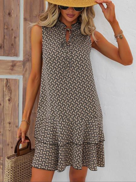 Women's Geometric Print Bow Dress, Casual Fitted Woven Dress, All-Seasons Wear, Multi-Layered Cake Skirt Design, Summer