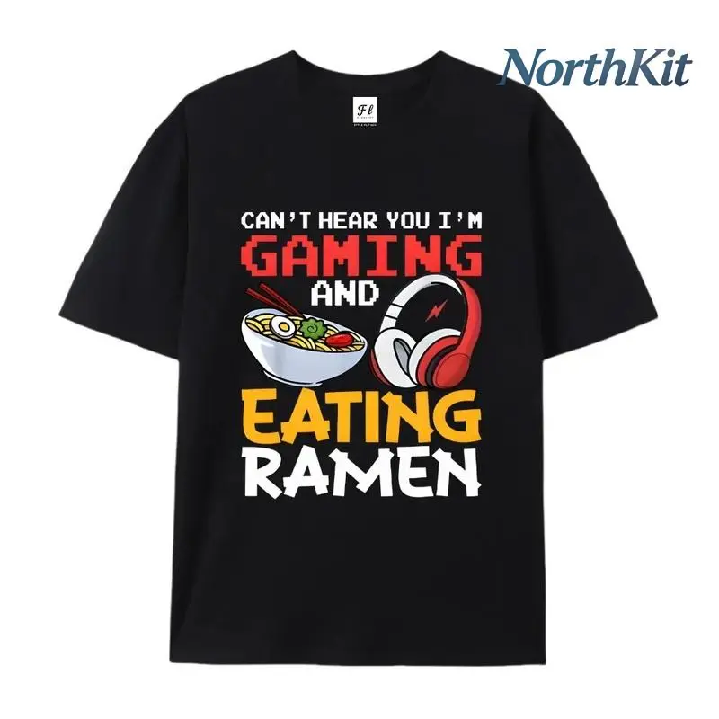 Fabric short-sleeve shirt, Can't Hear You I'm Gaming And Eating Ramen Summer Vibes T-Shirt, Retro Pixel Gamer Graphic Tee, Foodie Gamer Shirt, Gift for Video Game Lover, Casual Gaming Apparel, Unisex Gamer Streetwear