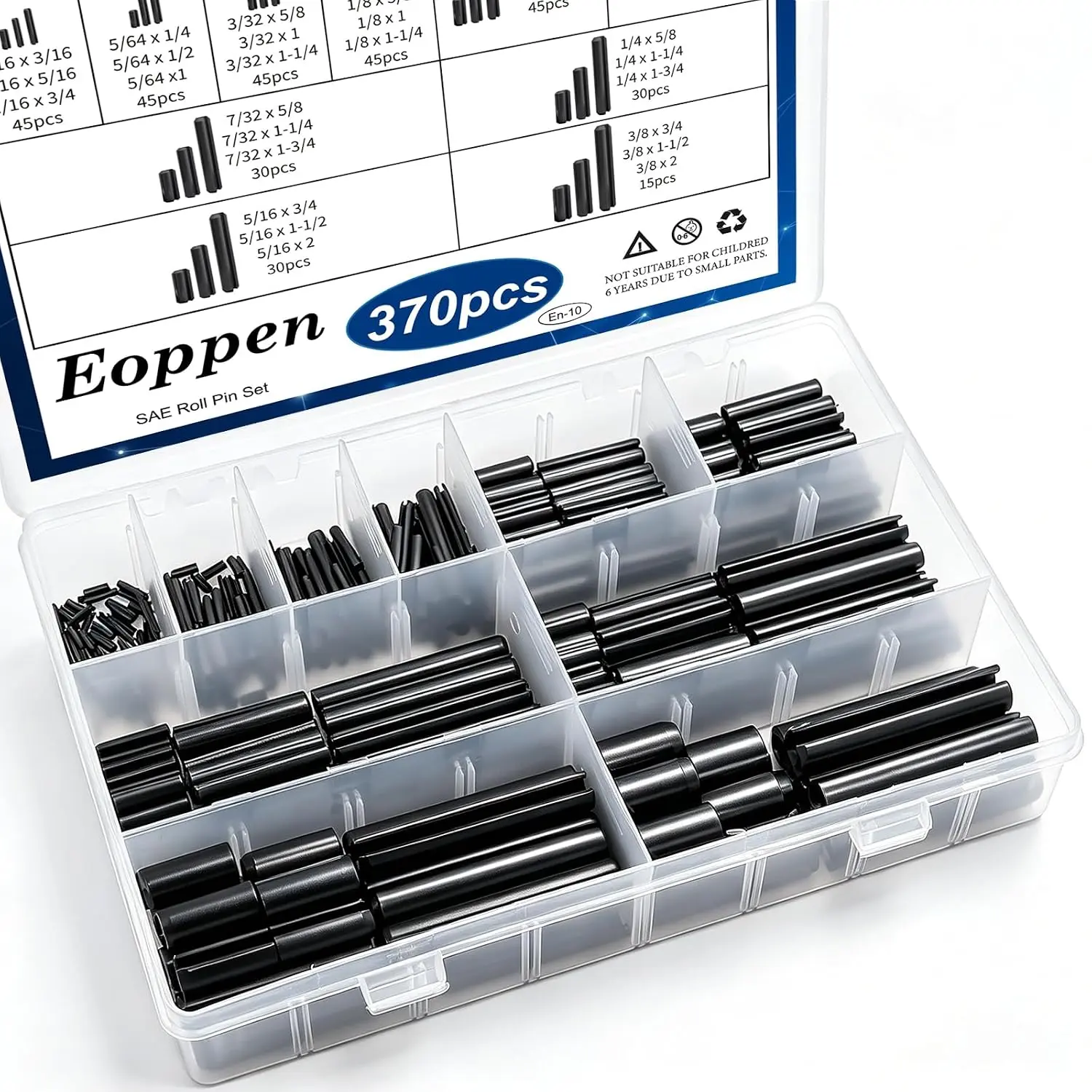 370Pcs SAE Roll Pin Assortment Set - Slotted Pins Split Expansion Pin 10 Sizes 1/16 5/64 3/32 1/8 5/32 3/16 7/32 1/4 5/16 3/8 Inch for Home Improvement Automotive Repair