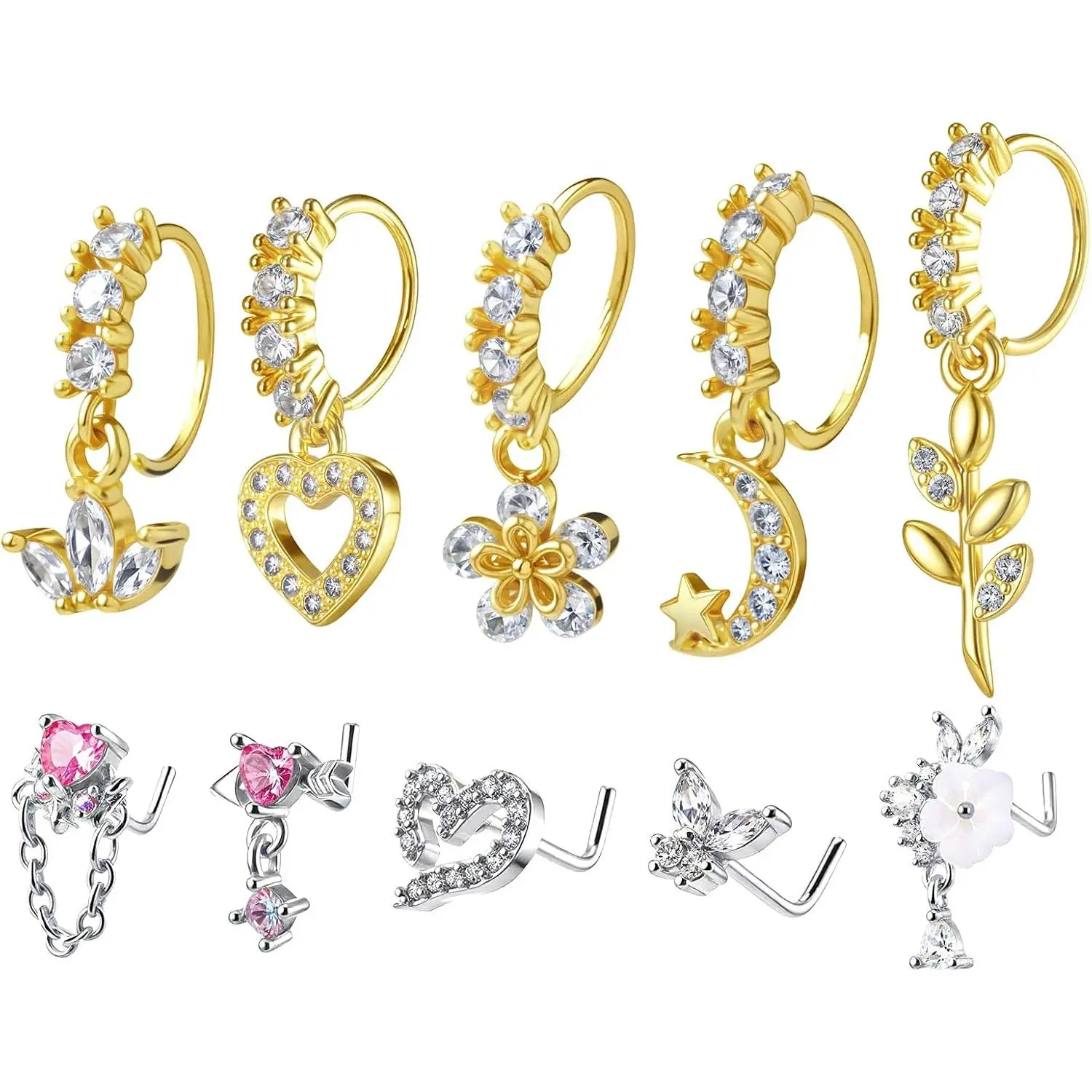 10 count Dangle Nose Rings Hoop for Women 20g Dangling Nose Ring L Shaped Noses Stud With Charm