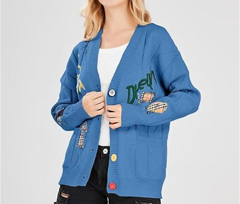 Womens Open Front Cardigan Cable Knit Long Sleeve Button Down Embroidery Cardigan Sweaters