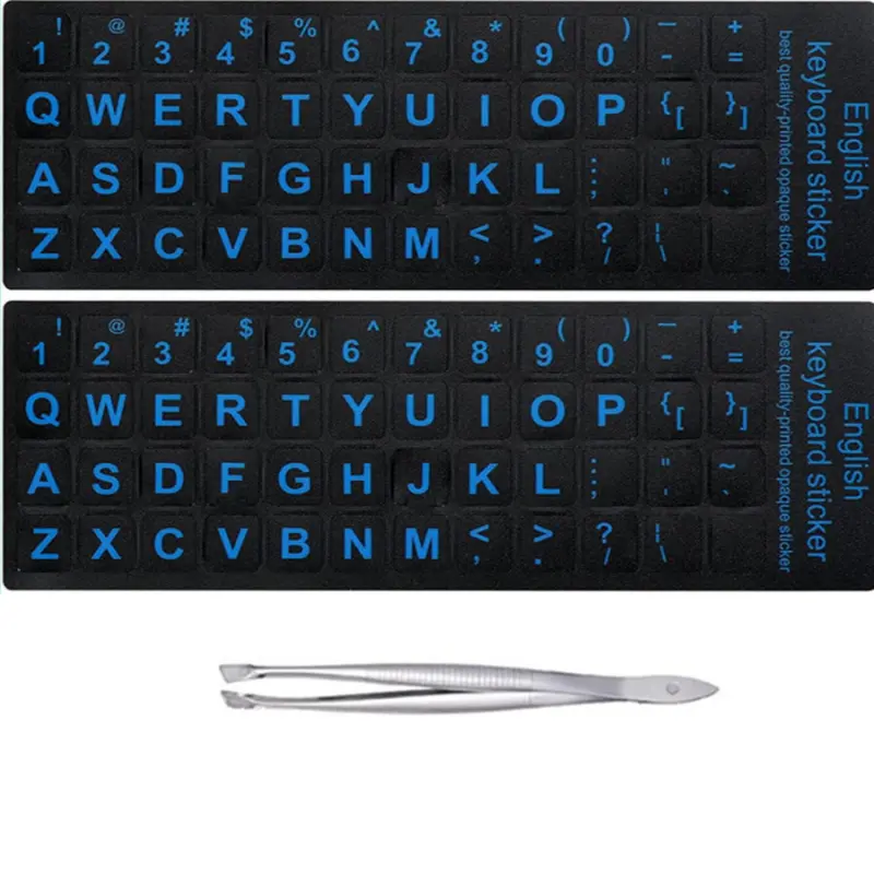 2Pcs Universal English Keyboard Stickers for PC Computer Mac Laptop Desktop Keyboard, English Keyboard Replacement Stickers, Blue Font Black Background