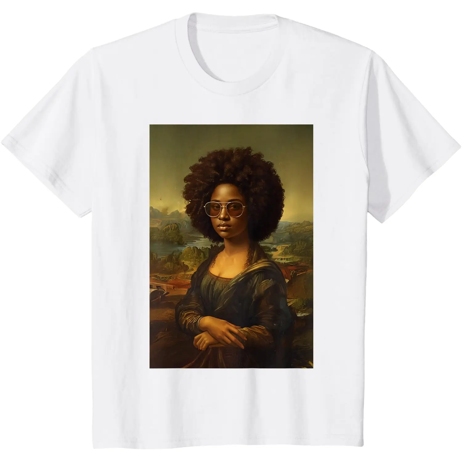 Black Mona Lisa Afro African American Black History Month Unisex Cotton T-Shirt Vintage Black Pride Cultural Graphic Casual Tee Renaissance Afro Novelty Top summer breathable short sleeve fashion top