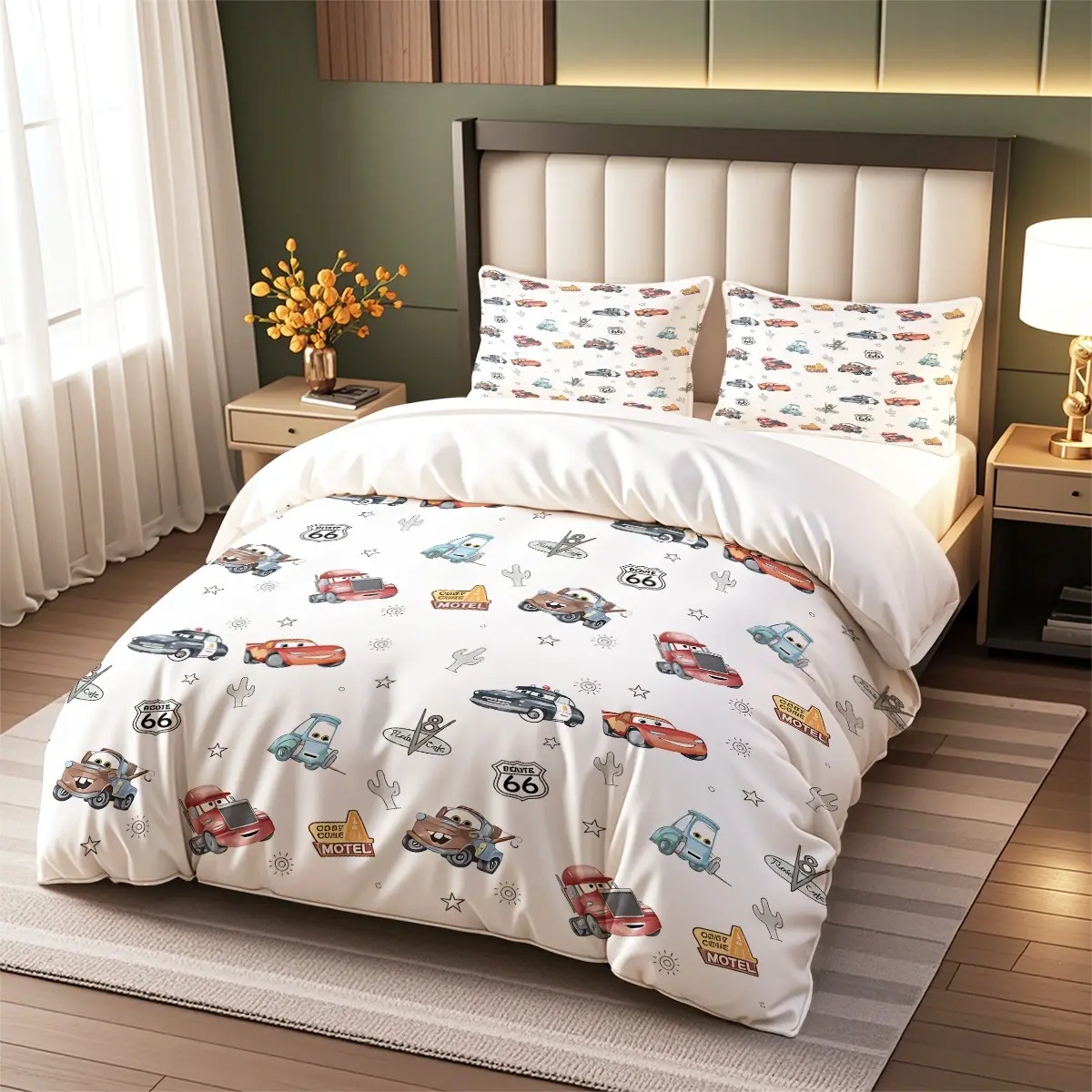 Cartoon Racing Car Bedding Set, Cute race cars, Route 66 sign and cactus pattern for kids. Made of polyester fabric, bright digital print. 3pcs set includes duvet cover and 2 pillowcases. Perfect gift for boys kids bedroom decor.