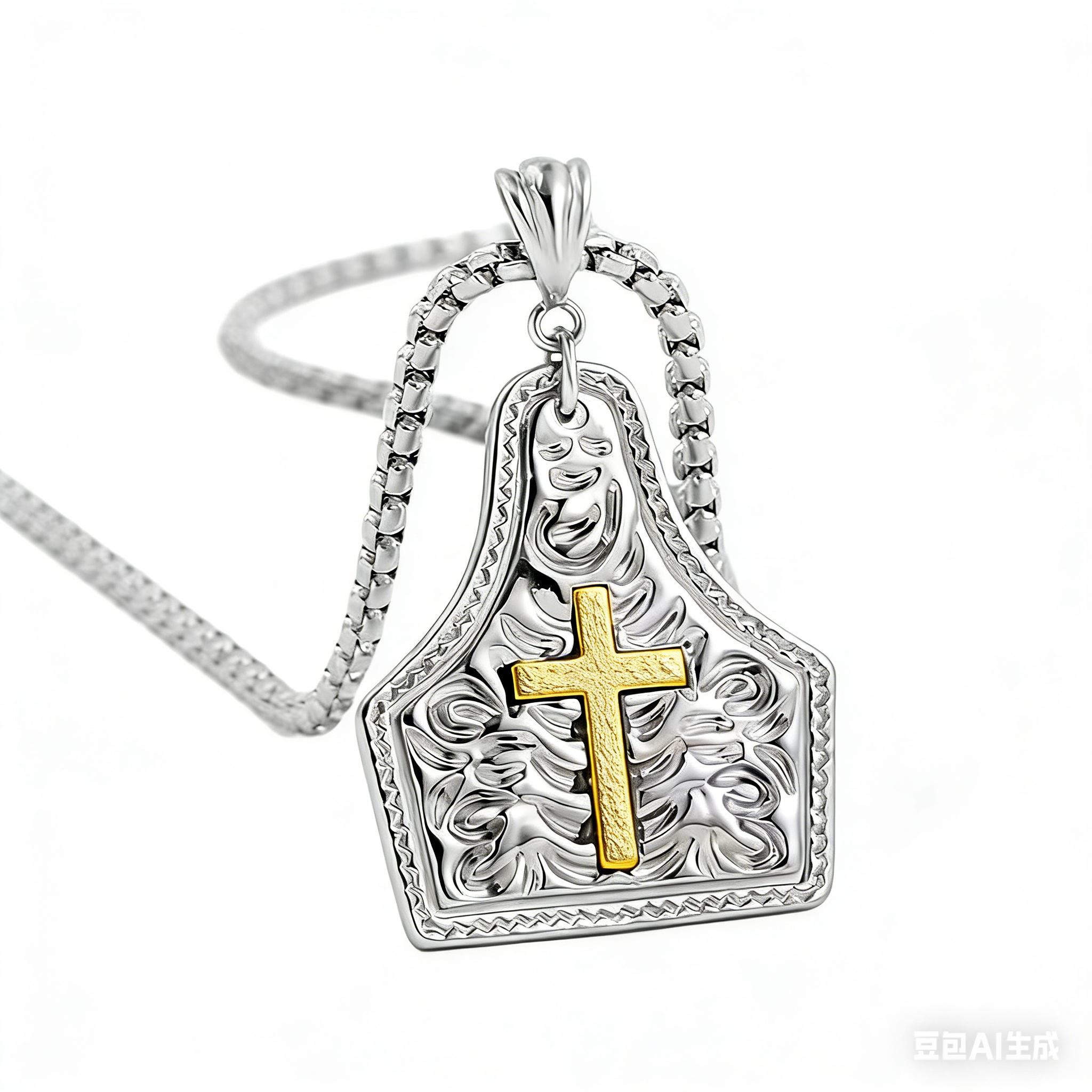 Western Cowboy Cross Pendant Necklace – Two-Tone Embossed Chain for Men & Women, Bold Gift for Him or Her