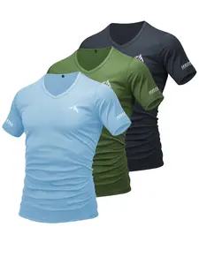 3-Pack Men's V-Neck Sporty T-Shirts, Athletic Tops, Peak Print & Reflective Sleeves, Quick-Dry Breathable Mesh, Ideal for Running, Cycling, Basketball