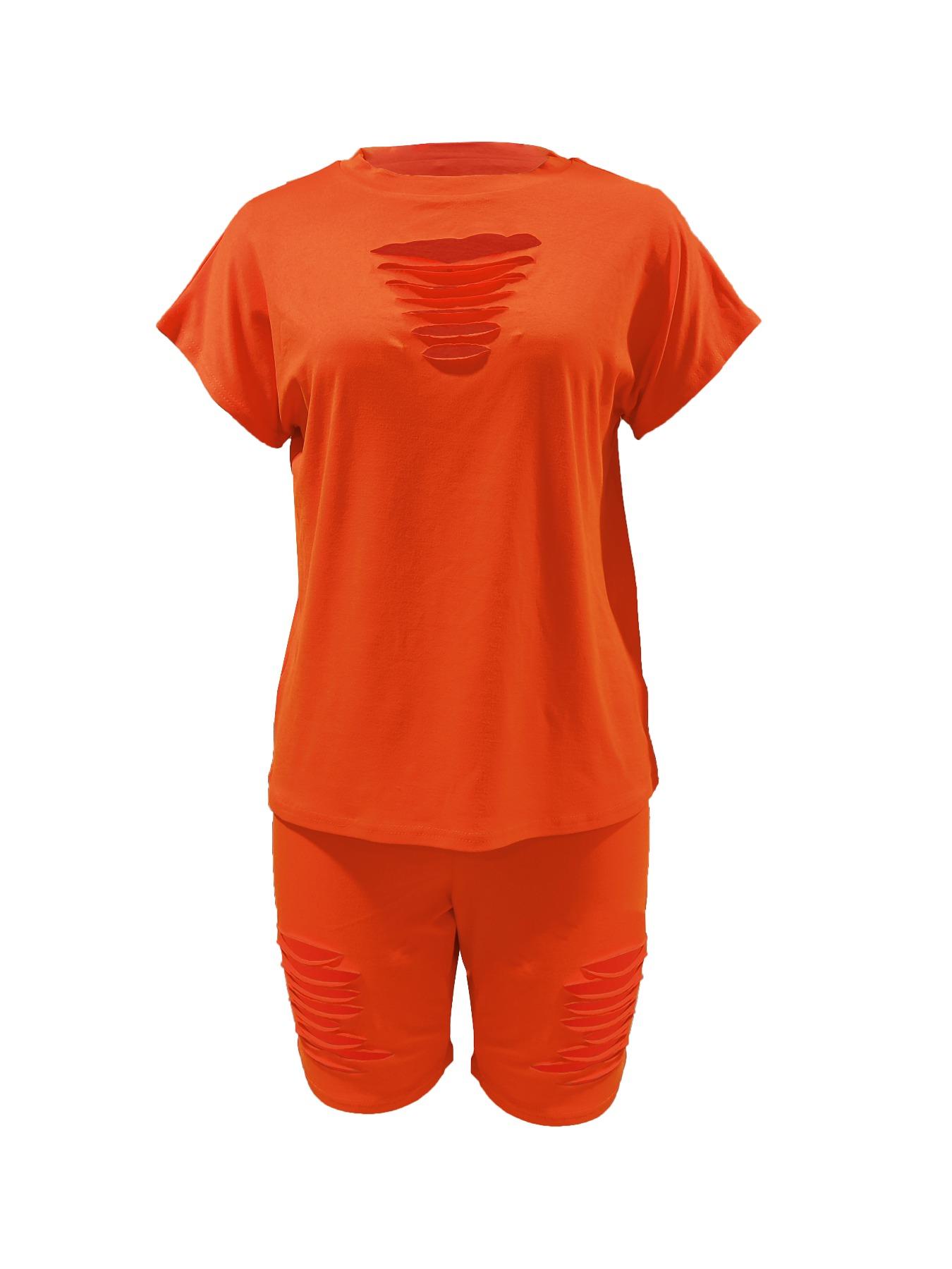 Women's Sexy Hollow Out T-Shirt and Shorts Set, Soft High Stretch Fabric, Casual Slim Fit, Short Sleeve, Plain Pattern, Two Piece, Outfit