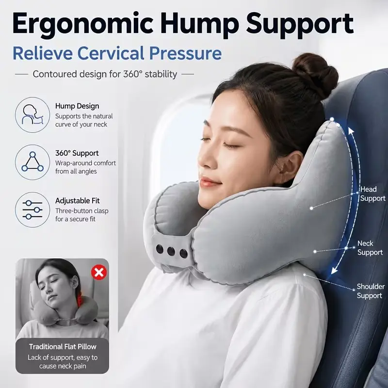 Crown Inflatable U-Shaped Pillow, Portable Foldable Neck Support, Travel Airplane Nap Pillow, Lightweight, Ergonomic, 360° Stability